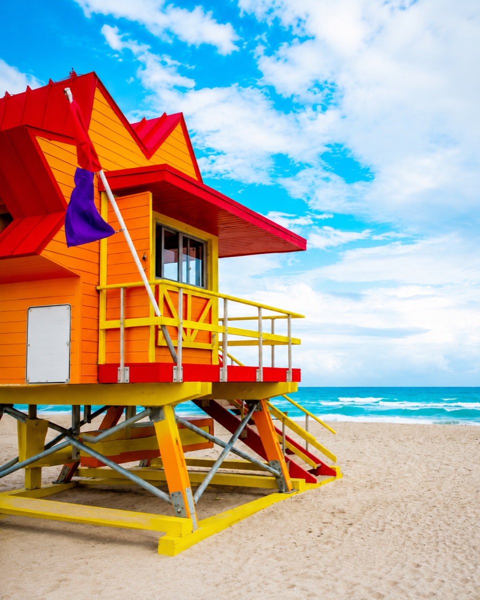 Colorful lifeguard tower on a Miami beach