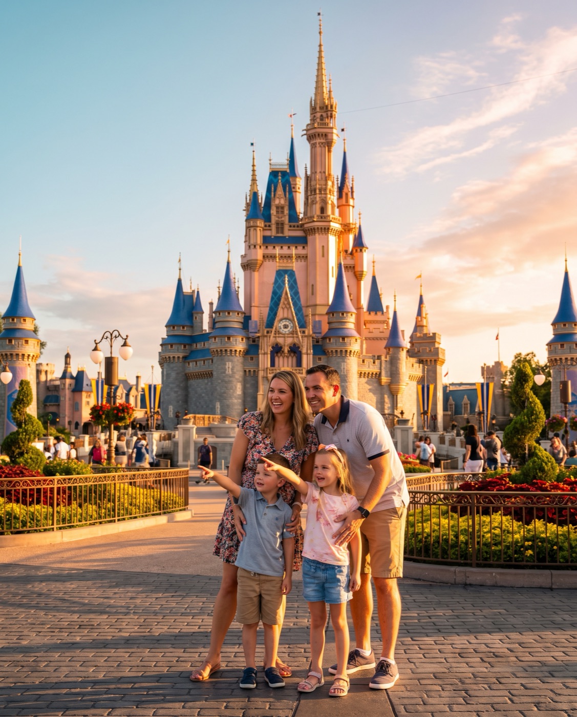 Family at the castle in front of a theme park at golden hour